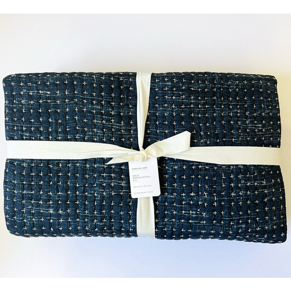 Pottery Barn Quilt Arlo Cross Stitch KING / CAL KING Navy Blue 100% Cotton NWT - Picture 1 of 7